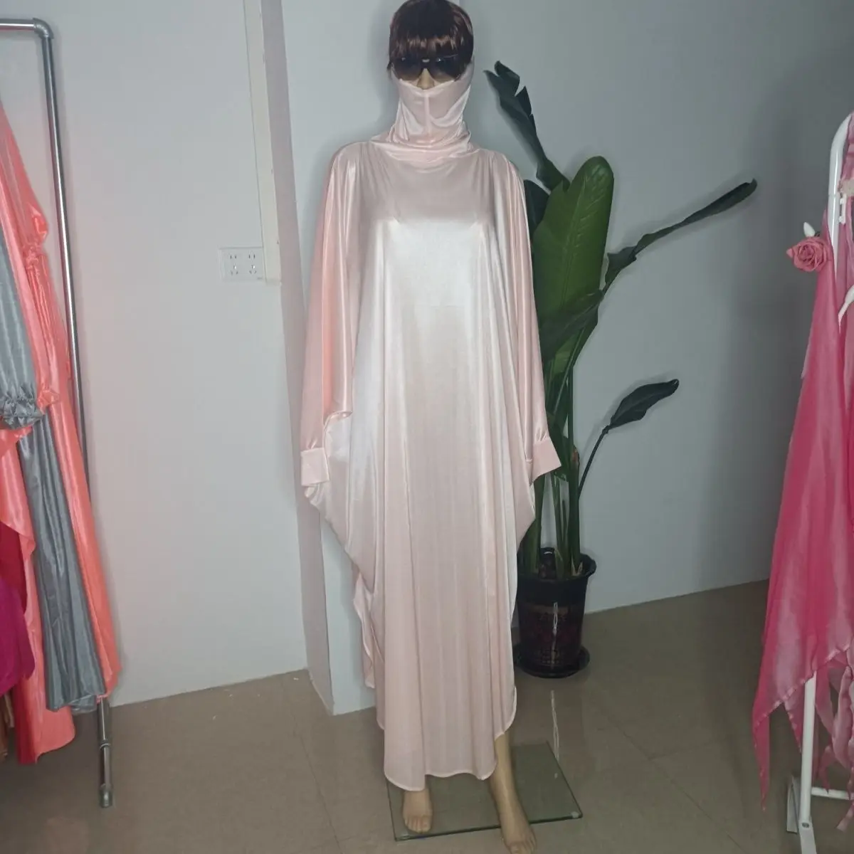 Glossy Hoodie Sexy Women Satin Long Dress Batwing Sleeve Loose Night Dress Plus Size Sleeping Robe