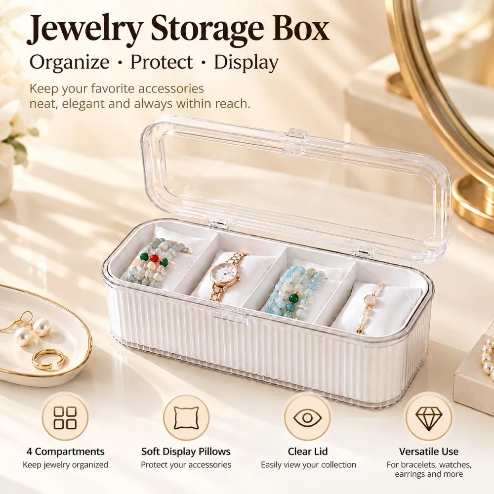 4 Compartment Bracelet Display Storage Box Dustproof Soft Pillows Watch Display Case Clear Lid Jewelry Organizer Box