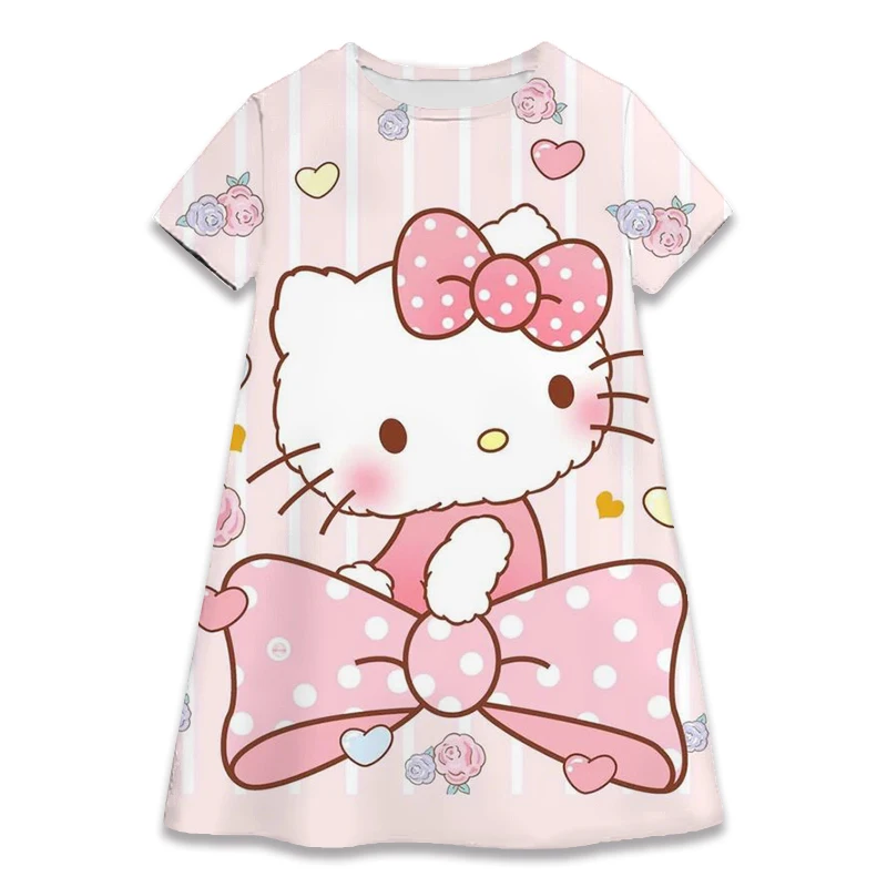 Summer Hot Sale Sanrio Hello Kitty Full Print Girl Dress KID cute Cartoon Pattern Party Short Sleeve Parent-Child Dress