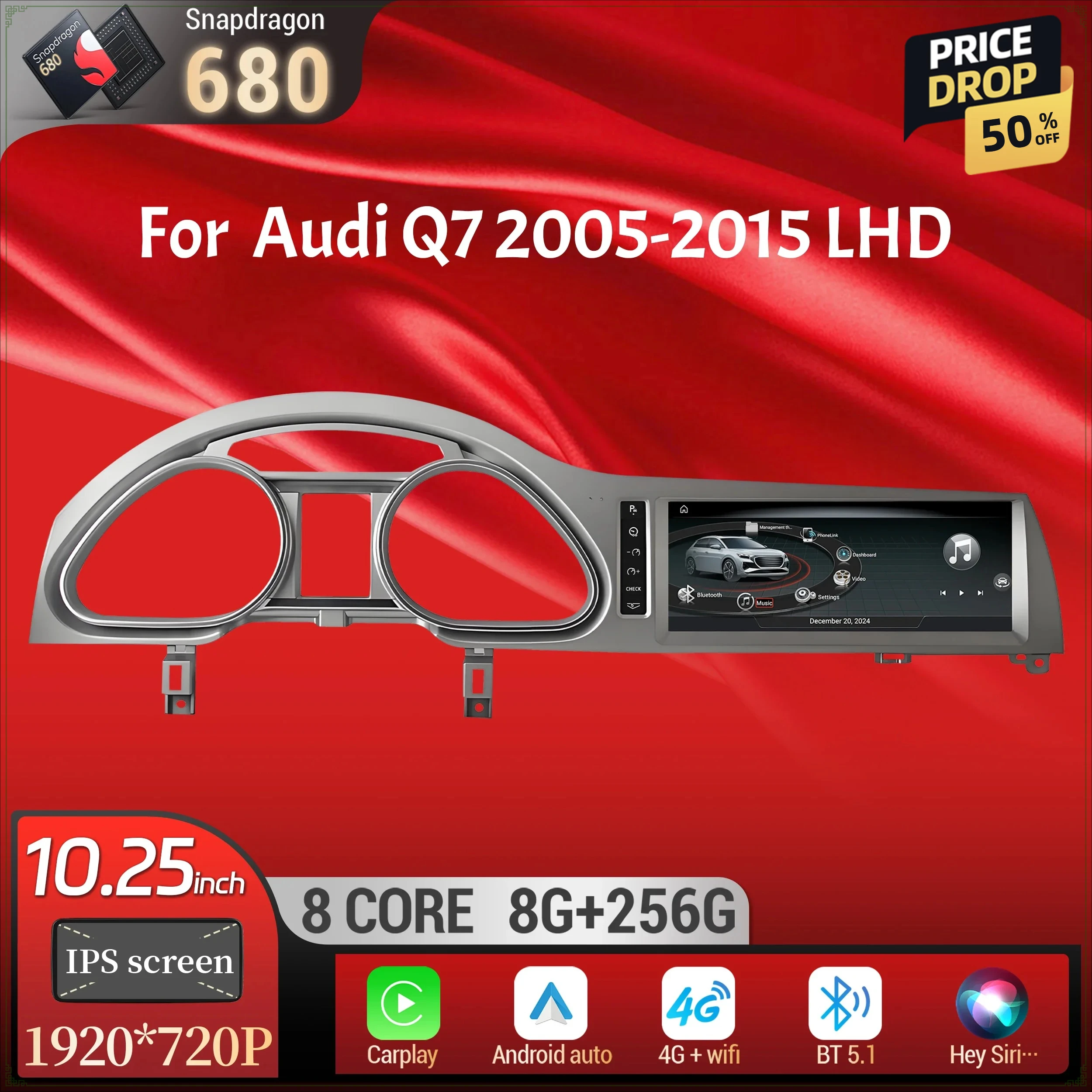 10.25 inch For Audi Q7 2005-2015 Android 14 Left Hand Drive Car Radio Wireless Carplay Qualcomm Snapdragon 680 Head Unit Screen