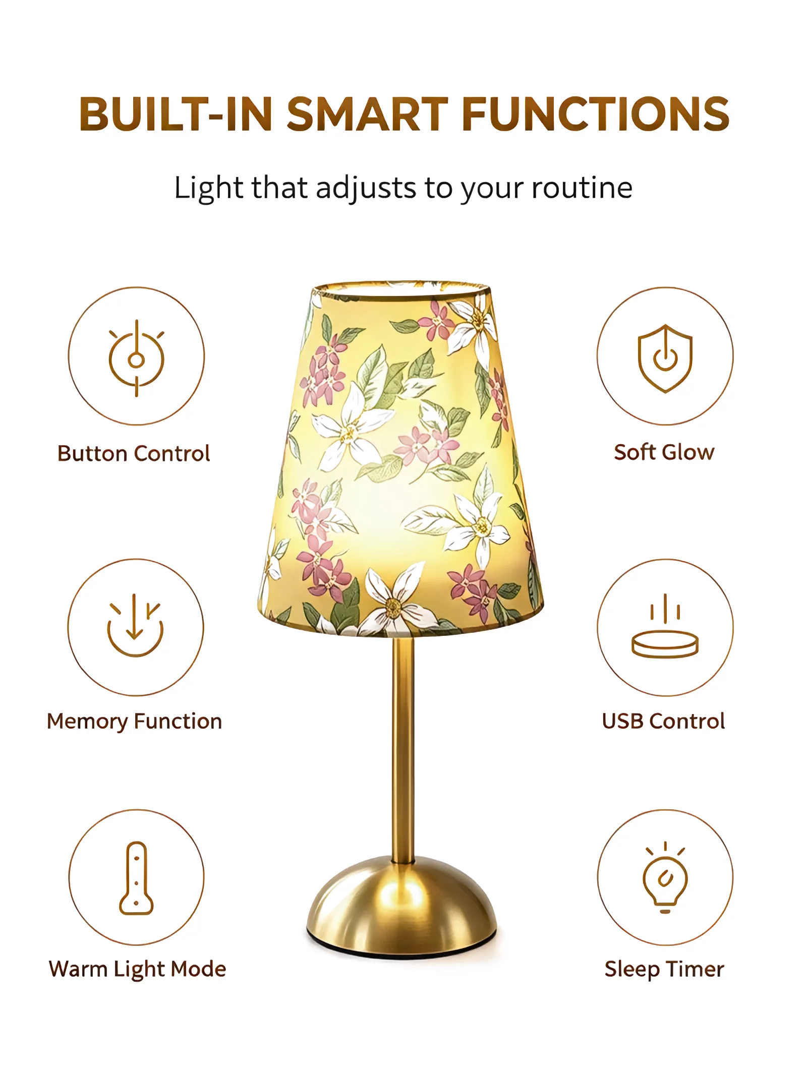 Vintage Floral Print Fabric Shade USB Table Lamp, Elegant Gold Metal Base Decorative Desk Lamp, USB Control Bedside Lamp for Bed