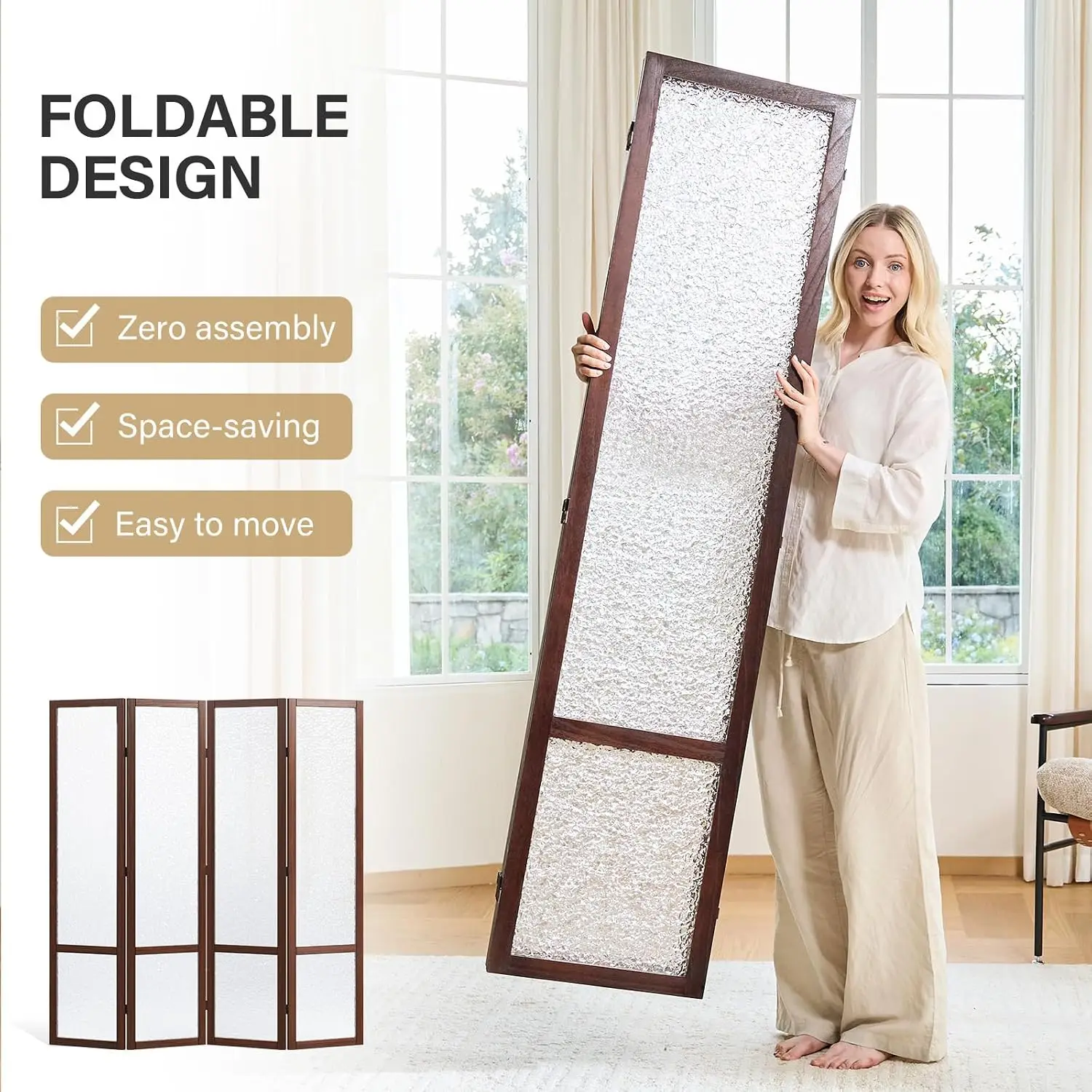 Freestanding 4-Panel Acrylic Privacy Screen Room Divider, Frosted Translucent Lightweight Modern Partition for Home Office Studio, Walnut, 4 Panels