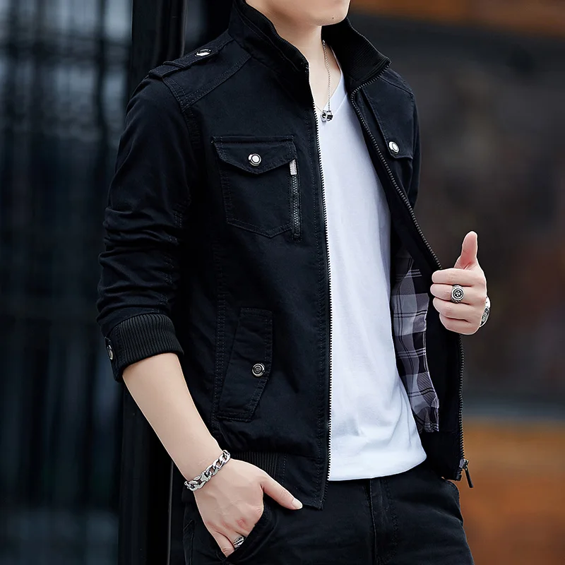 

Новая мужская куртка 2025 года в корейском стиле, модная, с воротником-стойкой, весенне-осенняя, утолщенная, из денима, рабочая одежда, верхняя одежда из чистого хлопка