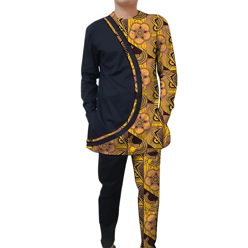 Tailor Original Design Nigerian Styles Men\'s Outfit Patchwork Shirt+Trouser 2 Pieces Pant Set African Print  Male Groom Suits