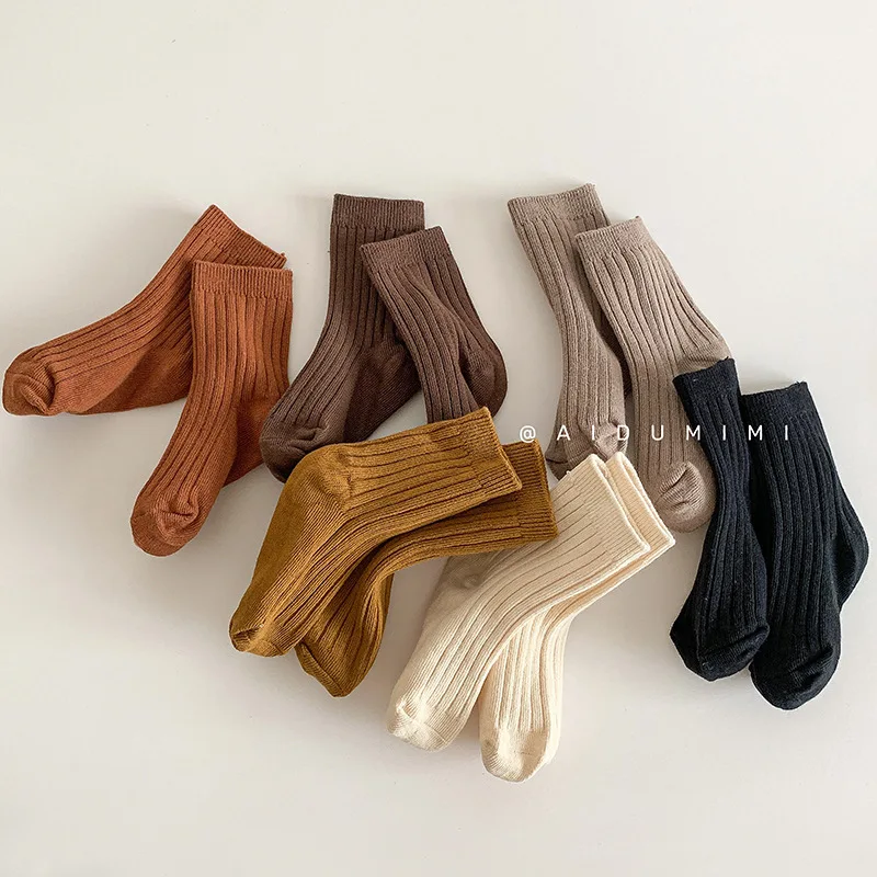 2024 New Autumn Winter Warm Children Socks Retro Solid Color Double Needle Baby Boys Girls Cotton Tube Socks For 1-9 Years