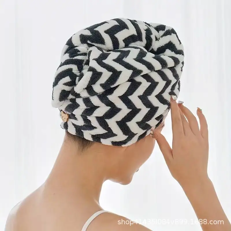 Striped Microfiber Hair Drying Cap, Thick Coral Fleece Quick Dry Shower Wrap, Breathable Super Absorbent Bath Hat