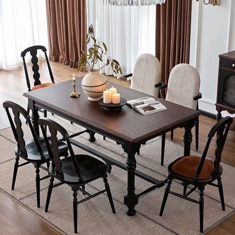 American solid wood dining table and chairs French retro light luxury black rectangular table living room home