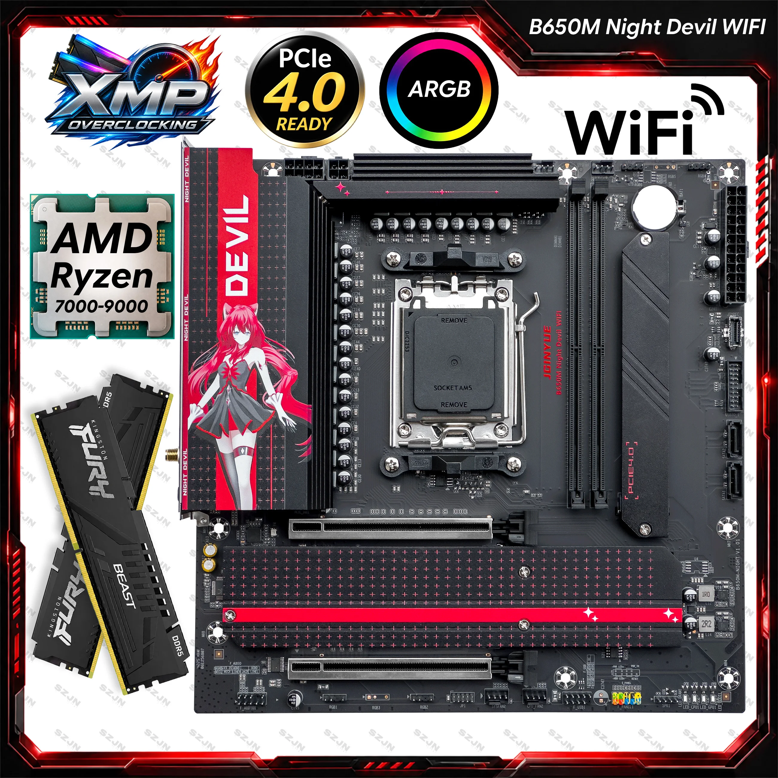 JGINYUE B650M Night Devil WIFI Motherboard Support  Ryzen 5-7-9 7000-9000Series DDR5 32GB 6000MHz 3*M.2 NVME ARGB PCIE-Protocol