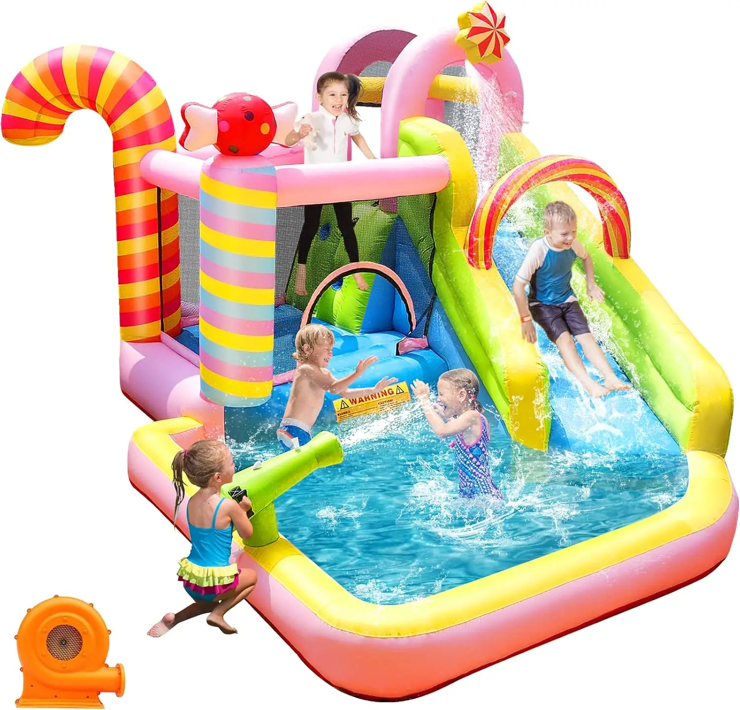 

Bounce House Water Slide, 6 in 1 Sweet Candy Water Park, Wet Dry Combo Bouncy Castle with 450W Blower, Splash Pool, W