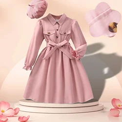 New Kid Girls Dress Spring Autumn Long Sleeve Solid Color Single Breasted Children Dress Casual Elegant Versatile Girls Clothing