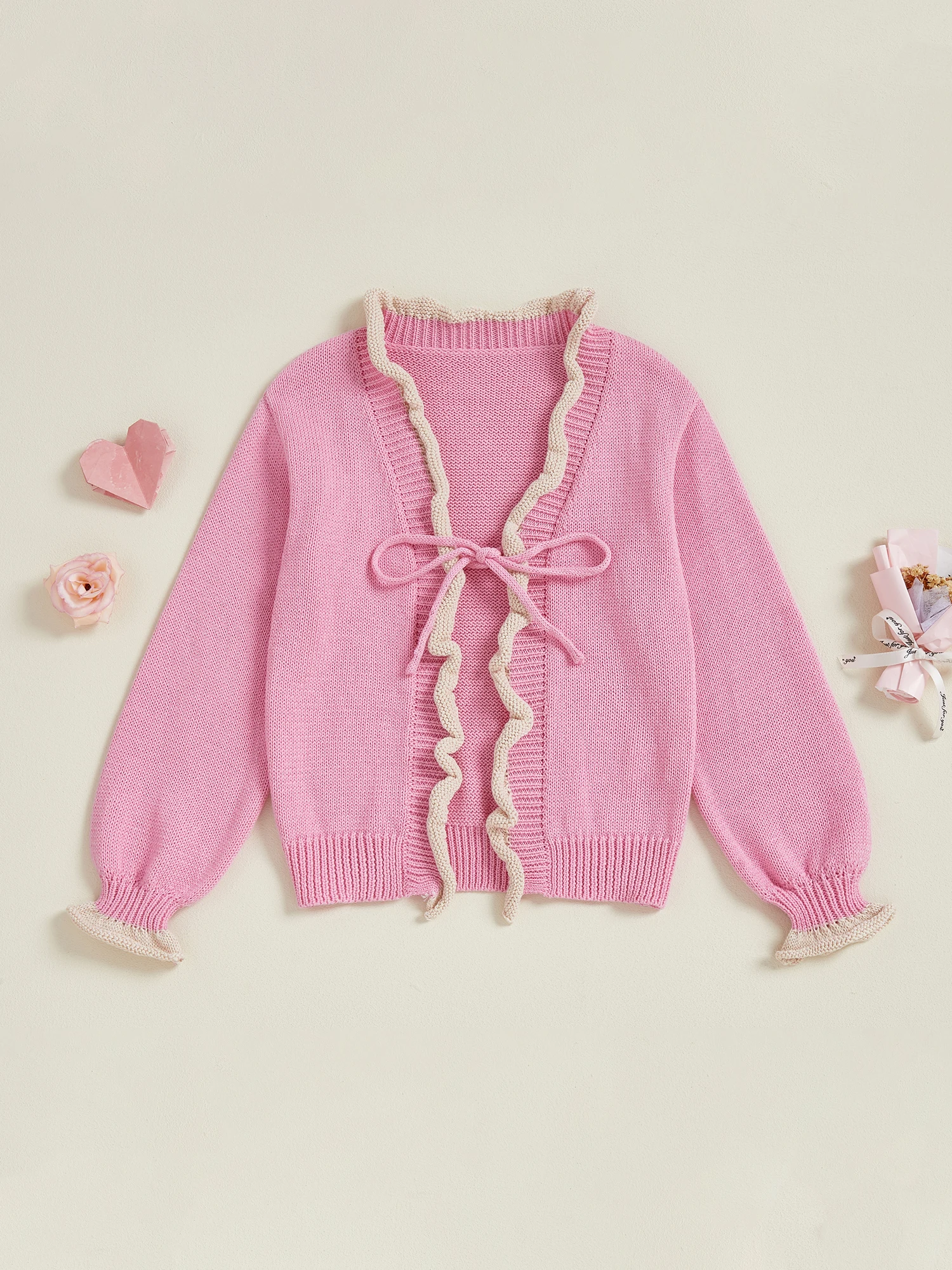 سترة صوفية متماسكة للأطفال لطيفة بأكمام طويلة ورقبة على شكل حرف V وربطة أمامية مكشكشة للارتداء اليومي #3