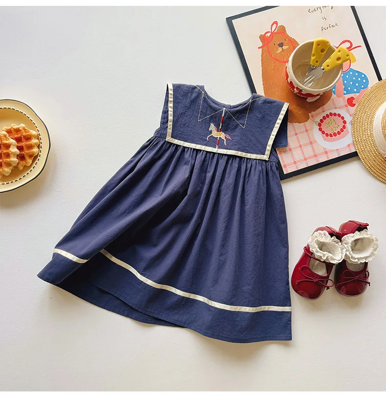 Kids Clothes Naval Embroidered Wood Horse Spur Girls Dress Cotton Sleeveless School Collar Summer 2026 Children Skirt for Girls