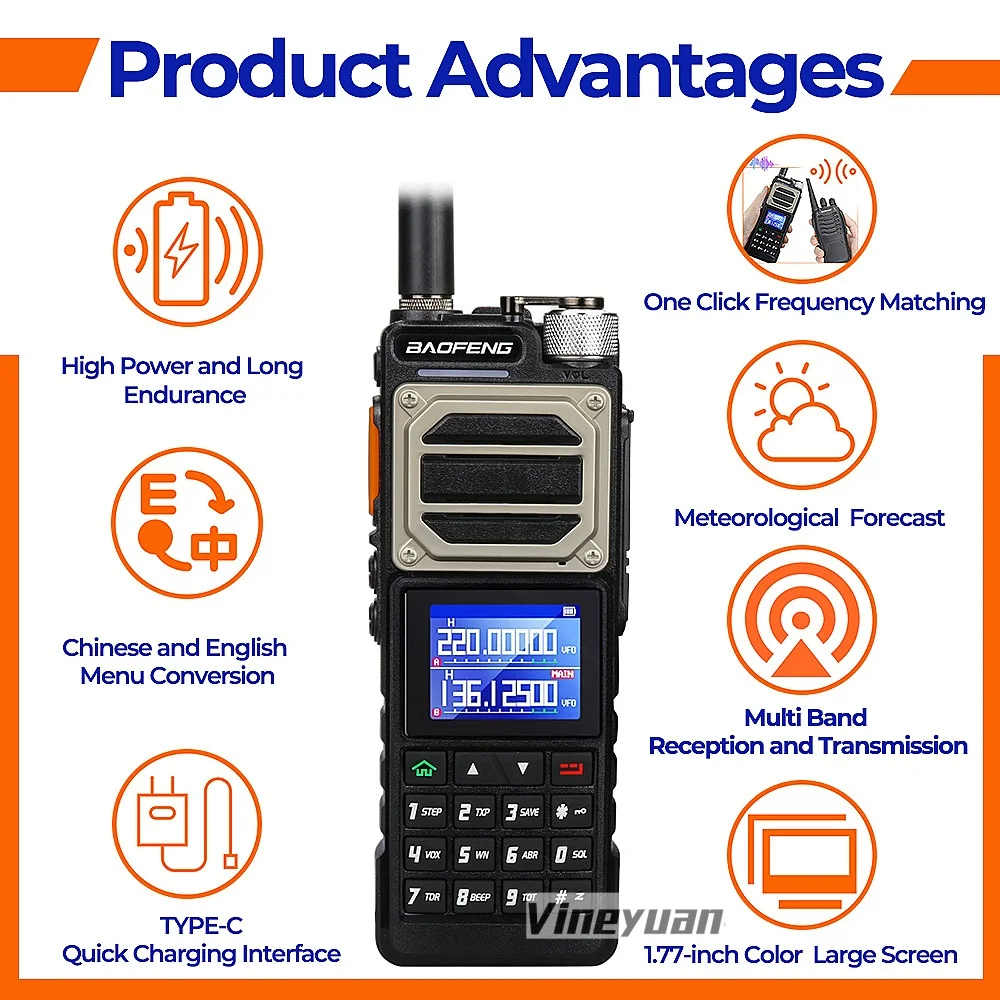 Baofeng UV-25 10W Walkie Talkie Tri Band Wireless Copy Frequency NOAA Type-C Charger FM Long Range High Power Ham Two Way Radio