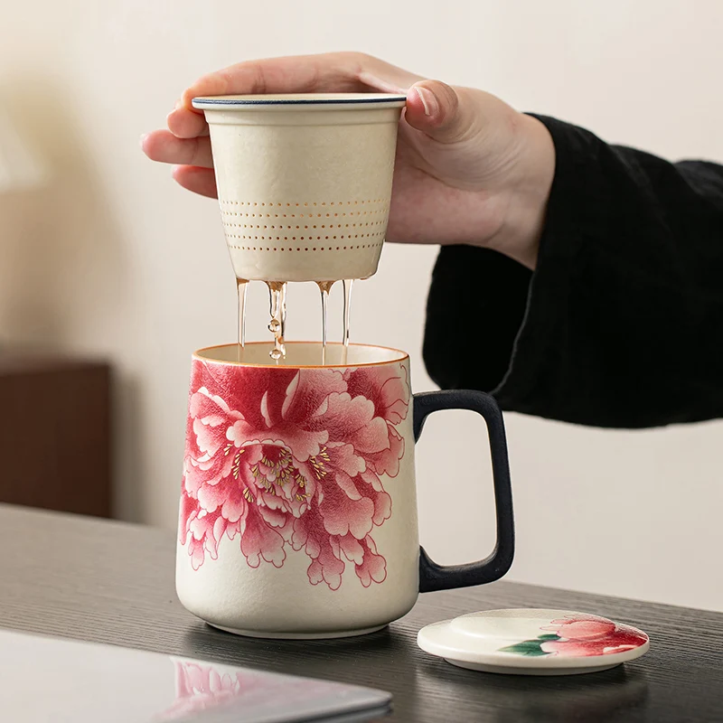 

Chinese Style Ceramic Cartoon Floral Pattern Mug, Personal Creative Teacup, With Cover Filtered Tea Water Separation, 400ml, 1Pc