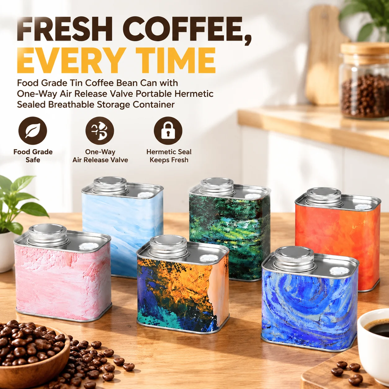 Food Grade Tin Coffee Bean Can with One-Way Air Release Valve Portable Hermetic Sealed Breathable Storage Container