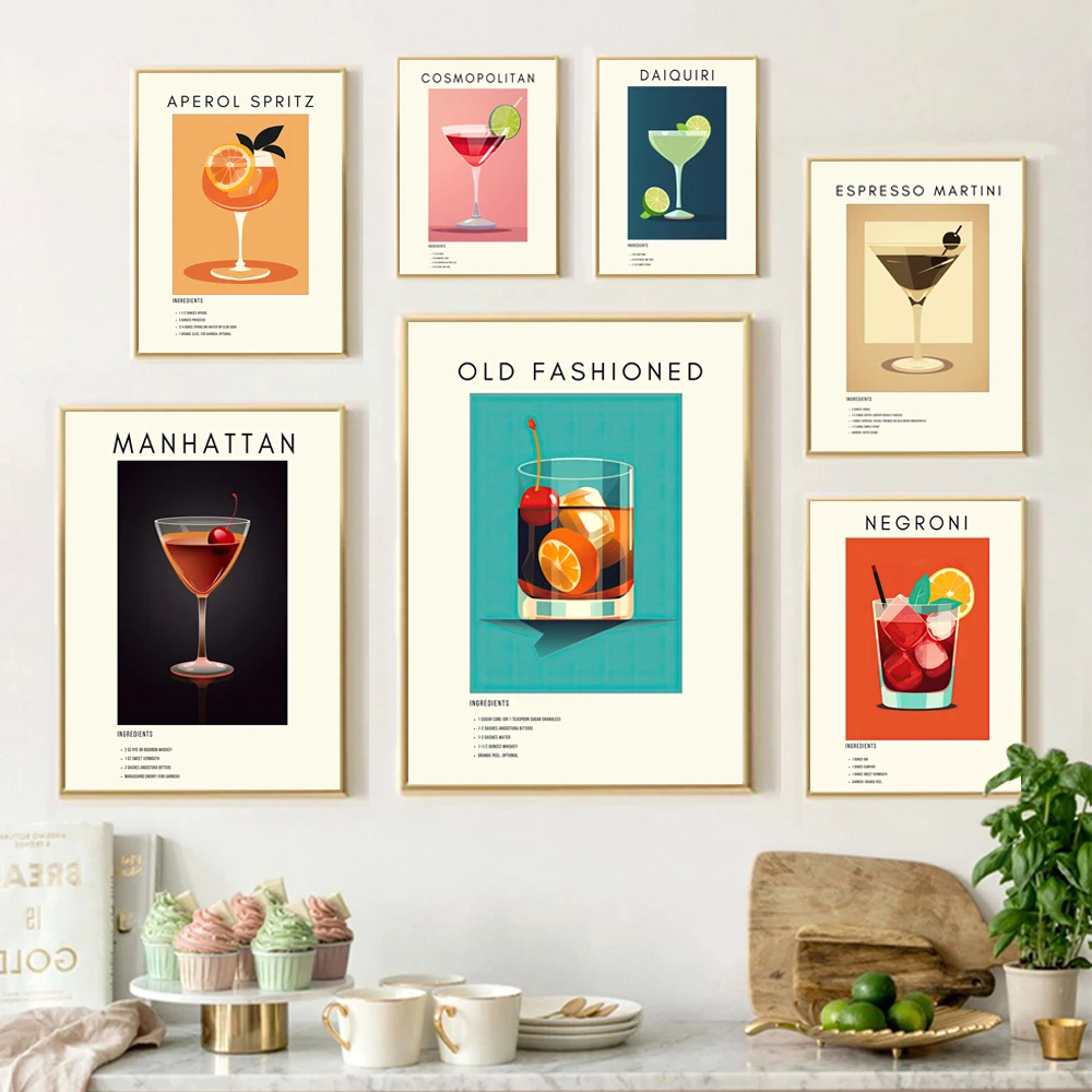 1PC  Cocktail Wall Art Prints Aperol Spritz, Espresso Martini, Negroni, Margarita, Mojito, Old Fashioned Retro Poster Canvas