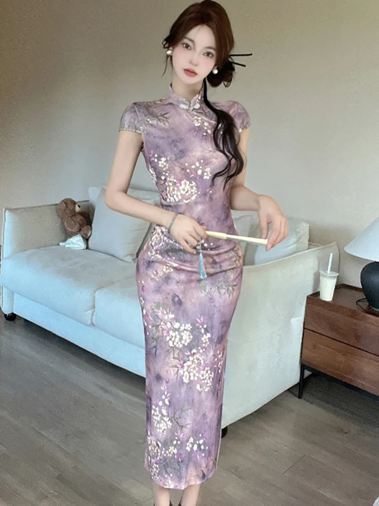 Women Purple Acetate Floral Chic Cheongsam Dress Summer Short Sleeve Bodycon Party Vestidos 2024 Korean Vintage Elegant Dresses