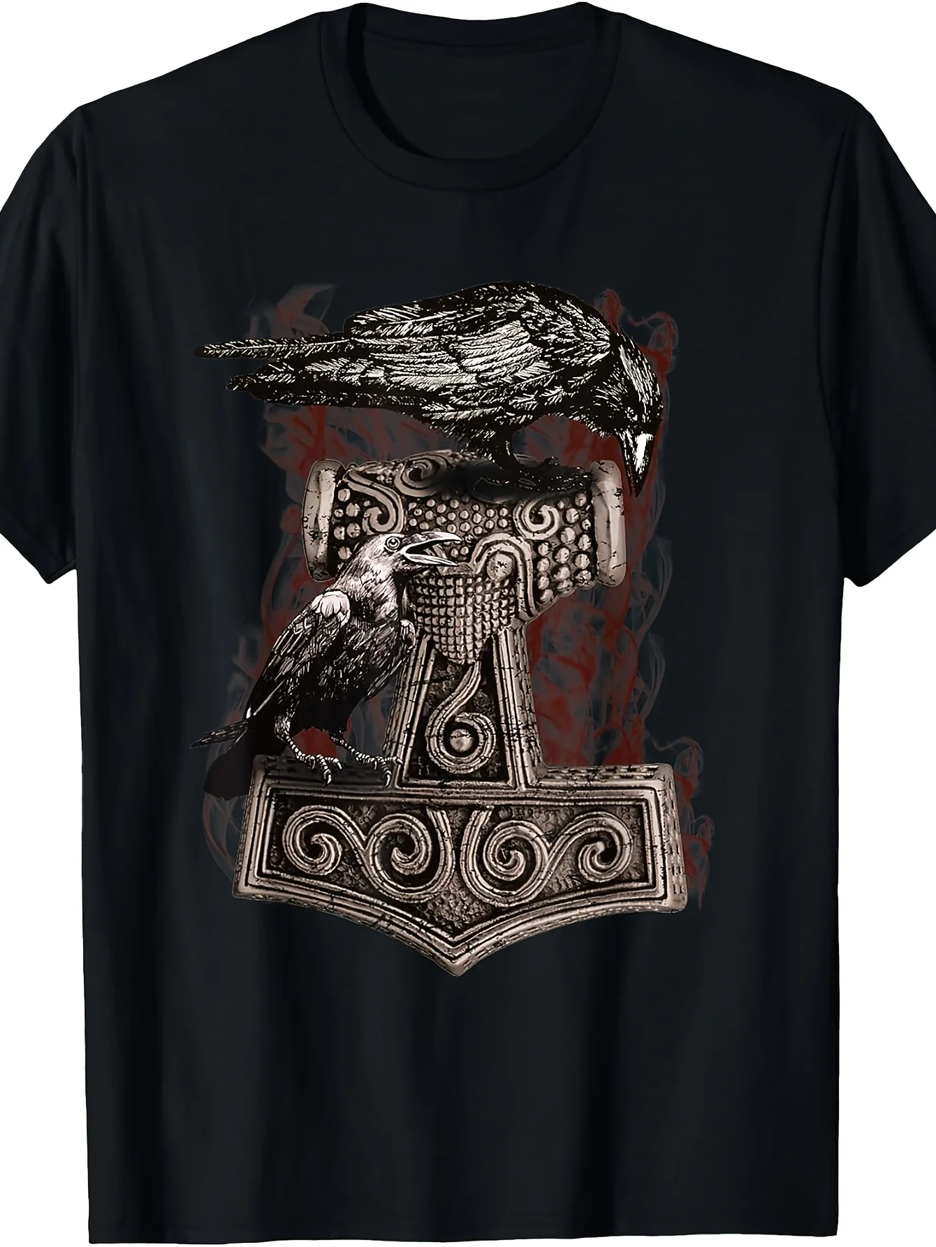 Men'S Thor'S Hammer Mjolnir Odin'S Ravens Norse Mythology T-Shirt Mjolnir Strike Norse Classic Fit Short Sleeve