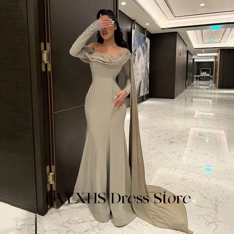 Eleganckie sukienki wieczorowe LAYXHS na jedno ramię, długi rękaw, syreni krój, koraliki, szal, plisy, formalne sukienki na studniówkę, szyte na miarę فستان سهرة ن