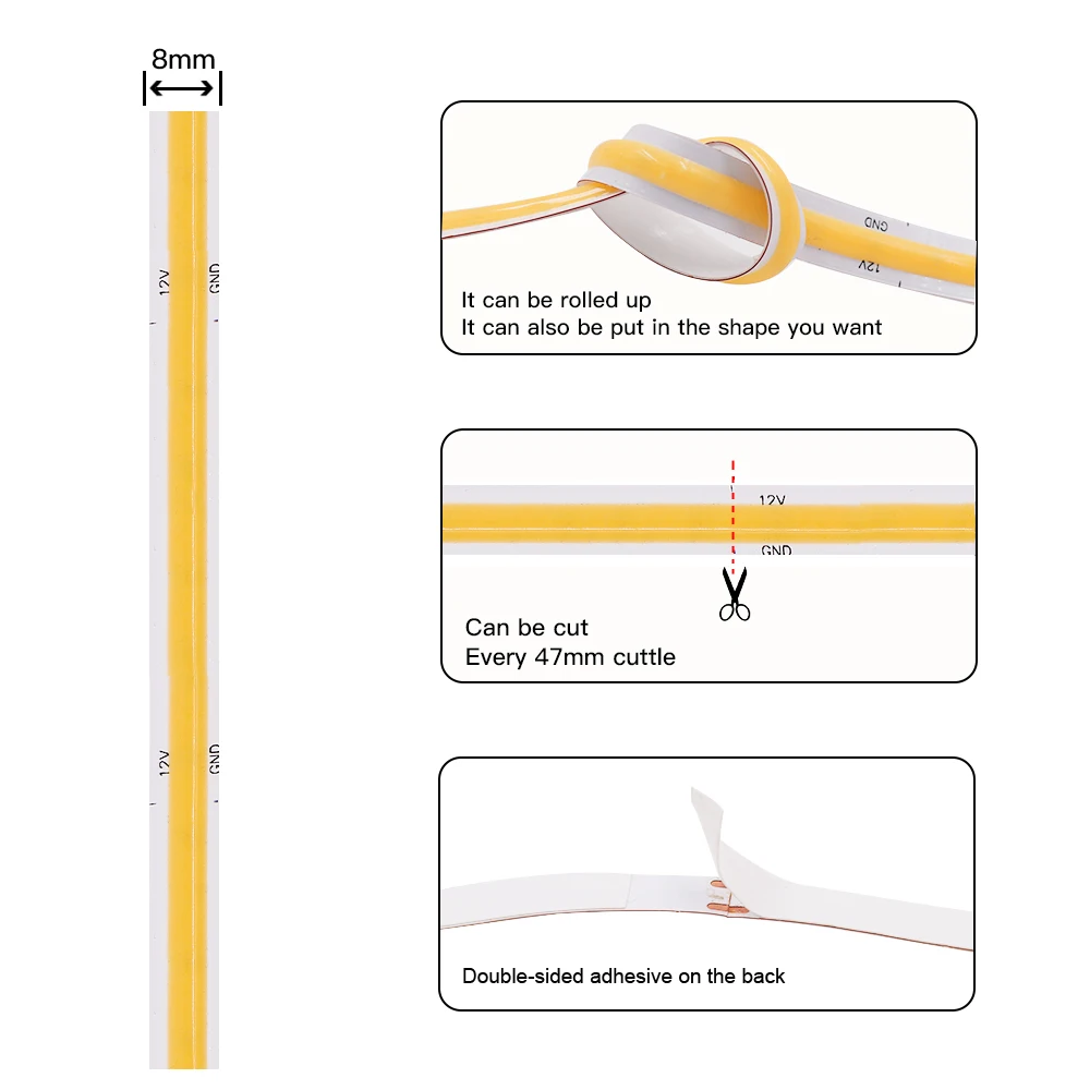 12V Wifi LED COB Strip Light Dimmable Power Kit US EU UK Remote Control 320LED 528LED 384LED Linear Lighting Flexible Led Tape