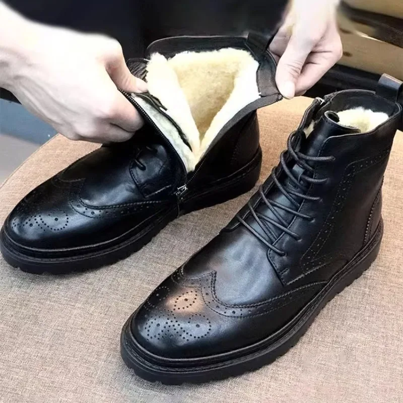 

Зимние теплые шерстяные зимние ботинки, мужские высокие туфли, молодежные черные уличные деловые ботинки челси из натуральной кожи на толстой подошве, мужские