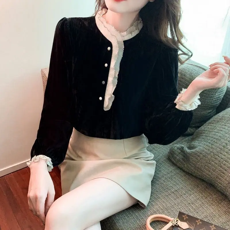 Golden Velvet Lace Shirt Bottom Shirt Women\'s Interior Early New Style High End Small Shirt