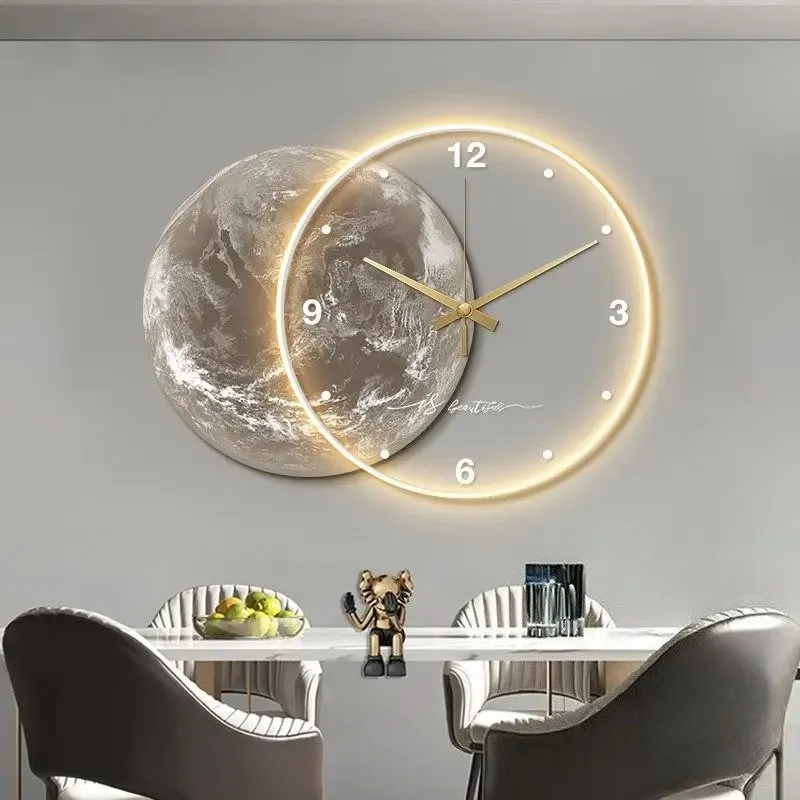 Große Wanduhr, luxuriös, für Esszimmer, Wohnzimmer, Erdmodellierung, LED-Licht, geräuschlose Wanduhr, Schlafzimmeruhr, Wanddekoration