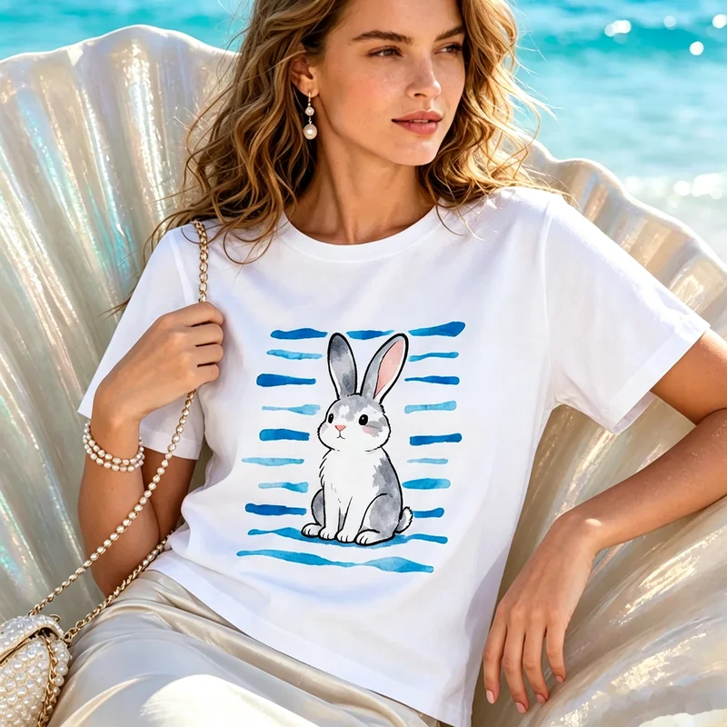 Kawaii Rabbit Ocean Water Stripes Watercolor Art T Shirt White Premium Cotton Short Sleeve Animal Beach Travel Souvenir Tee Top