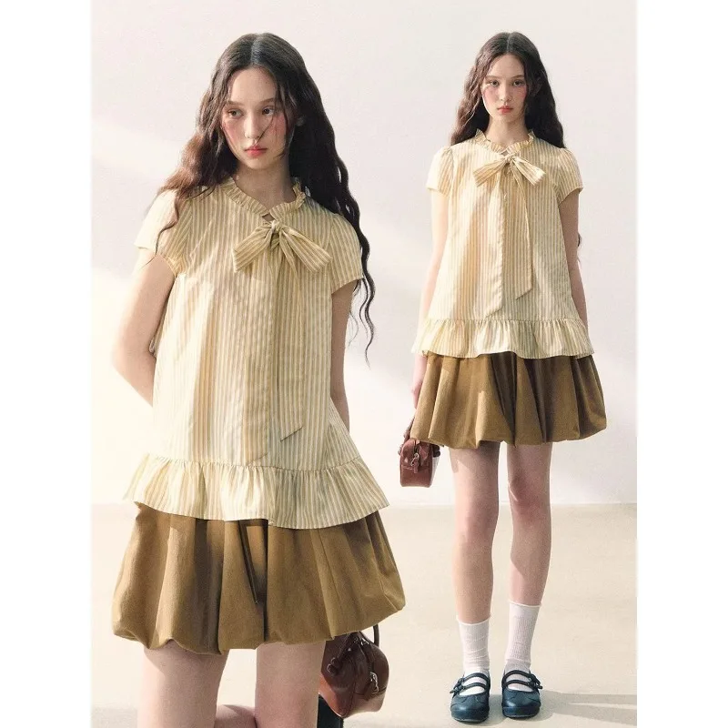 Japanese Retro 90s Girl Sweet Bow Top Short Sleeved Shirt Y2k Fashion Waist Cinching Flower Bud Skirt Casual 2-piece Set 스커트