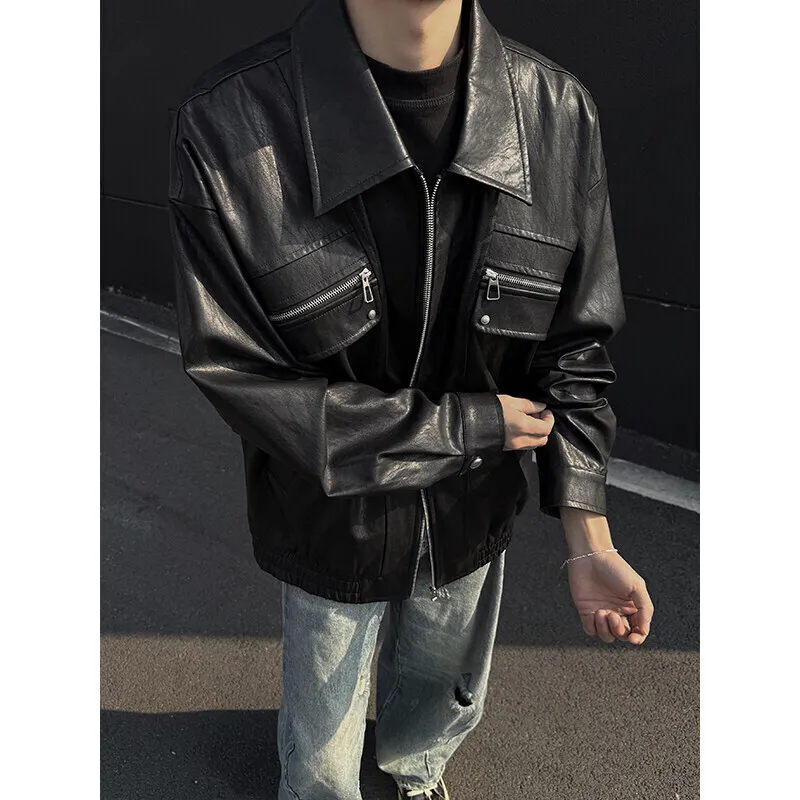 Black Leather Jacket Men Retro Pocket Motorcycle Jacket Men Streetwear Hip-hop Loose Bomber Jacket Mens Brown Cargo Jackets