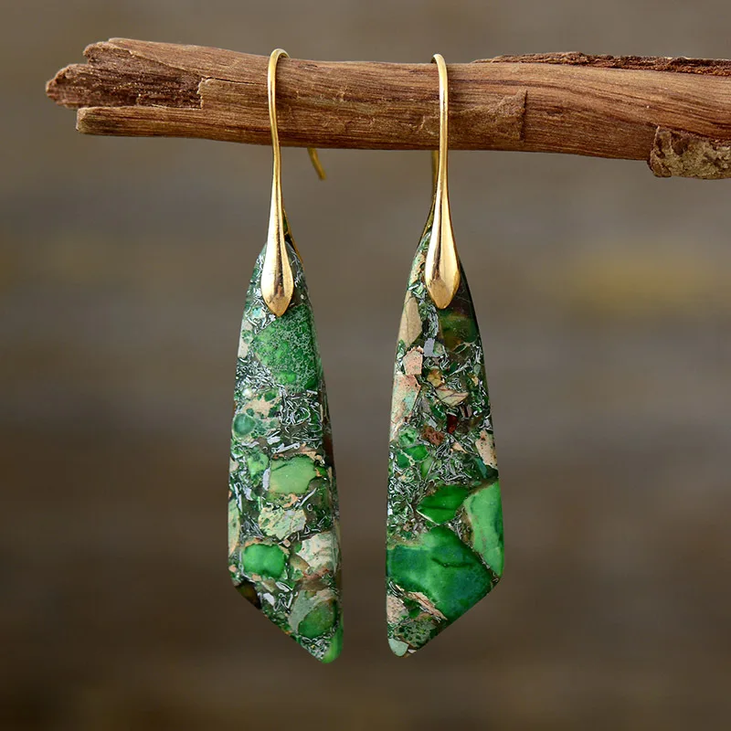 1 Pair Bohemian Nature Stone Green Geometric Pendant Earring For Women Popular Emperor Stone Tianhe Stone Opal Girl Jewelry