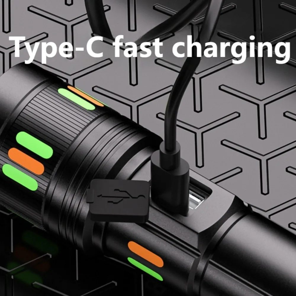 Powerful Long Range LED Flashlight Type-C Charging Zoomable Three Level Dimming Mode Handlamp for Camping