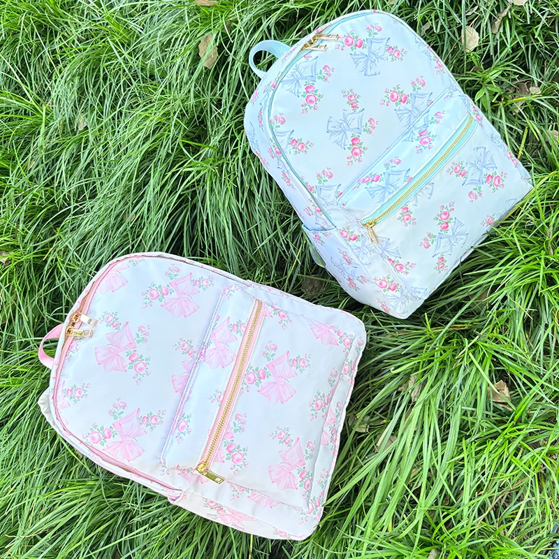 

Large Capacity Pink Waterproof Backpack Floral Bowknot Nylon Backpack Bow Printed Flower for Women Girl Customizable Pattern
