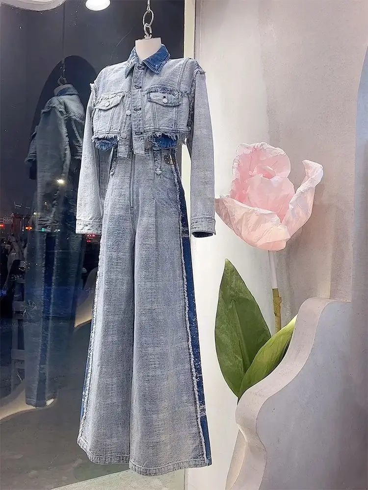 

Women's Denim Two Piece Set Trendy Loose Fit Short Jacket Matching High Waist Wide Leg Baggy Jeans Streetwear Outfits