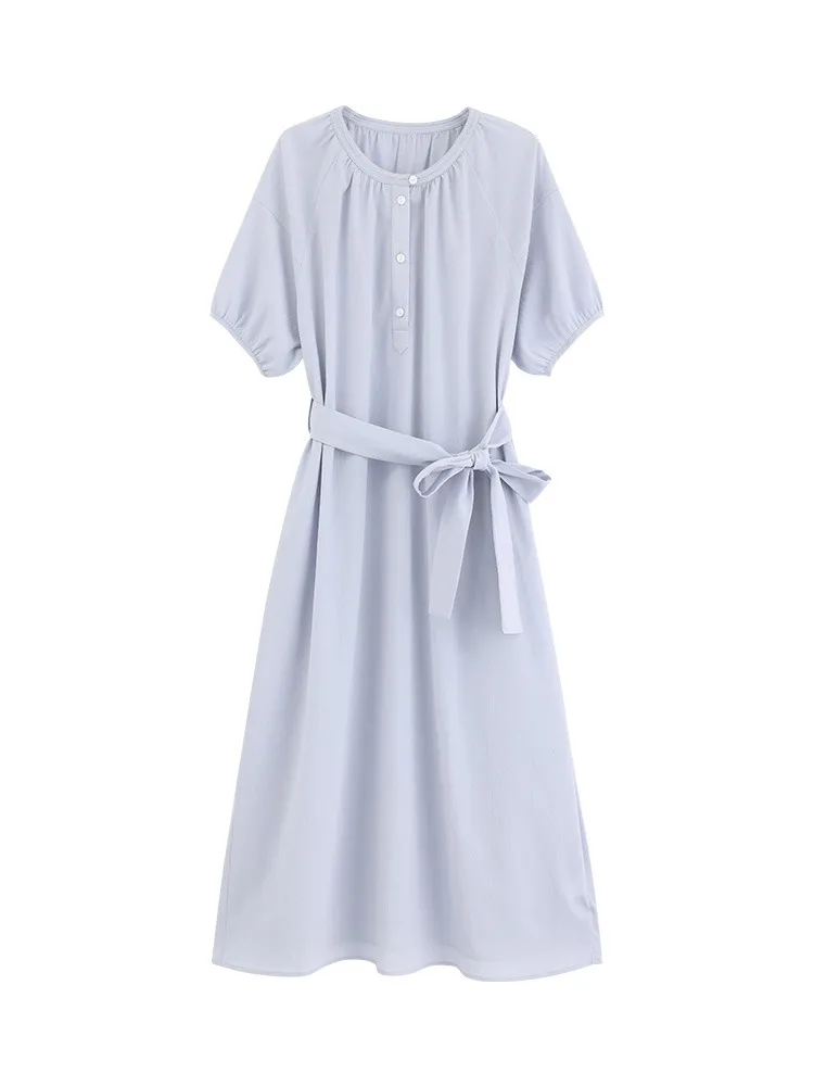 Elegant Blue Short Sleeve Maxi Dress Women French Belted Waist Slim Round Neck Gown Lightweight Flowy Dress Draped Silhouette