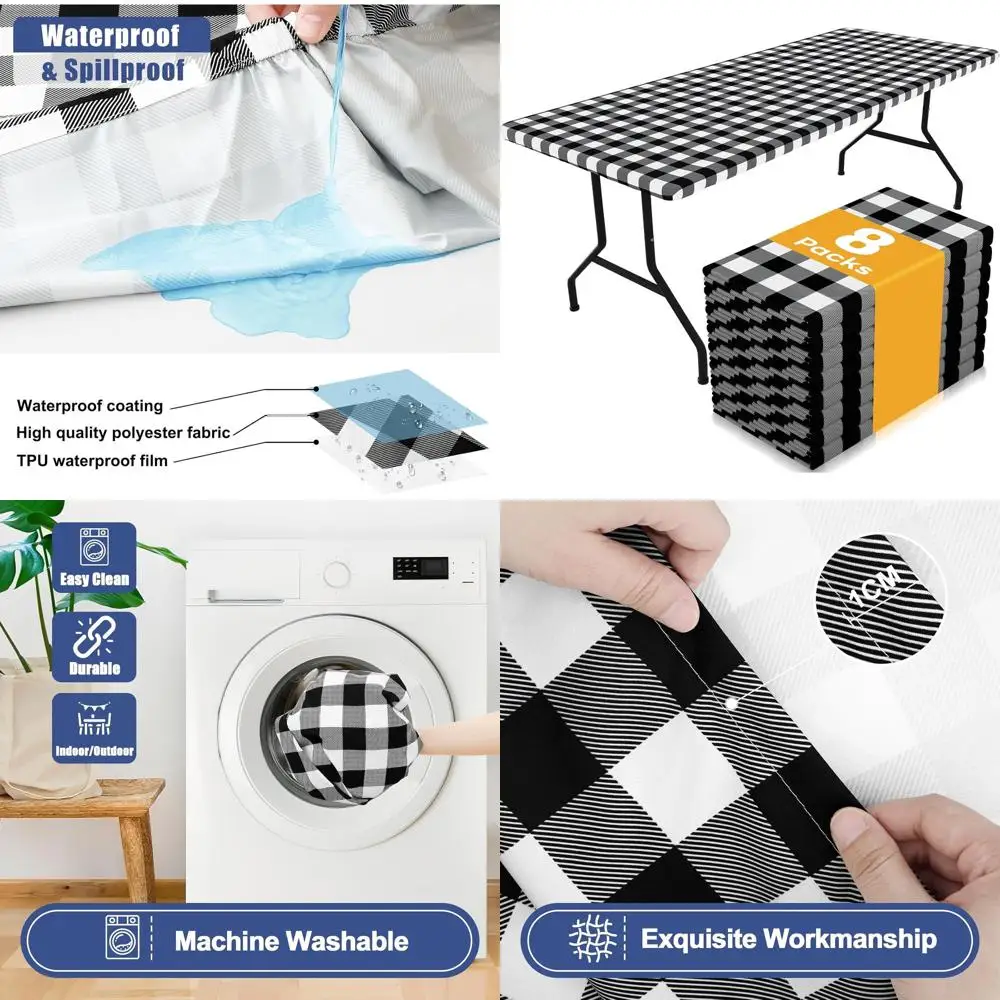 

8-Pack Waterproof Elastic 6FT Rectangular Tablecloths, Washable Polyester Buffalo Plaid for Outdoor Dining and Camping (Black &
