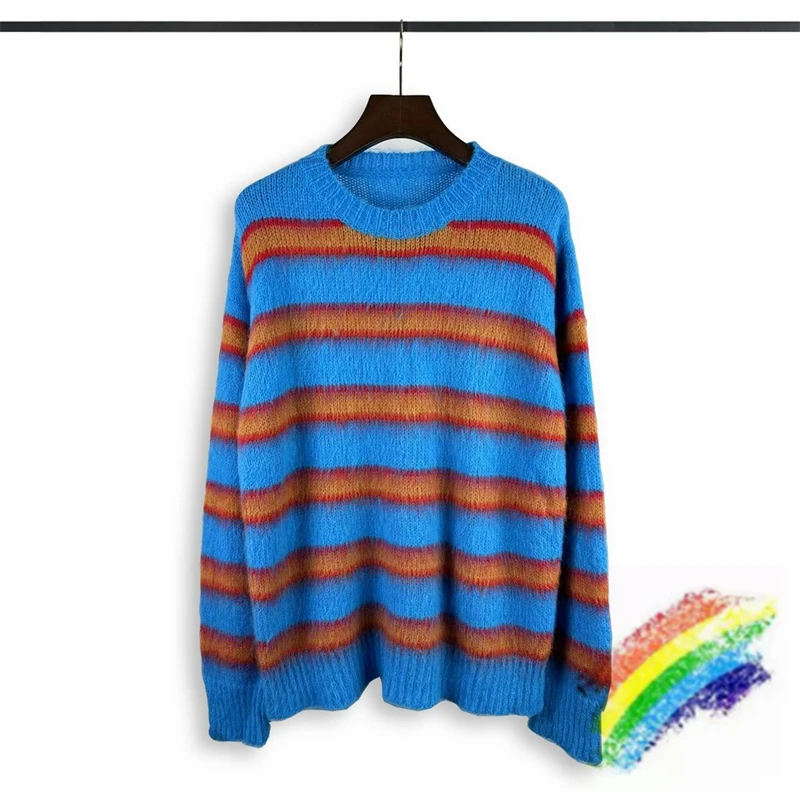 Blue Stripe Knit Mohair Sweater Crewneck Men Women Best Quality Casual Fashion Oversize Sweatshirts