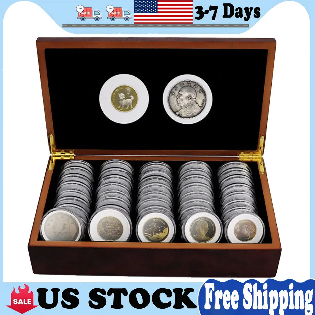 

50Pcs 46mm Coin Capsules Storage Collectible with Wooden Case Holder USA