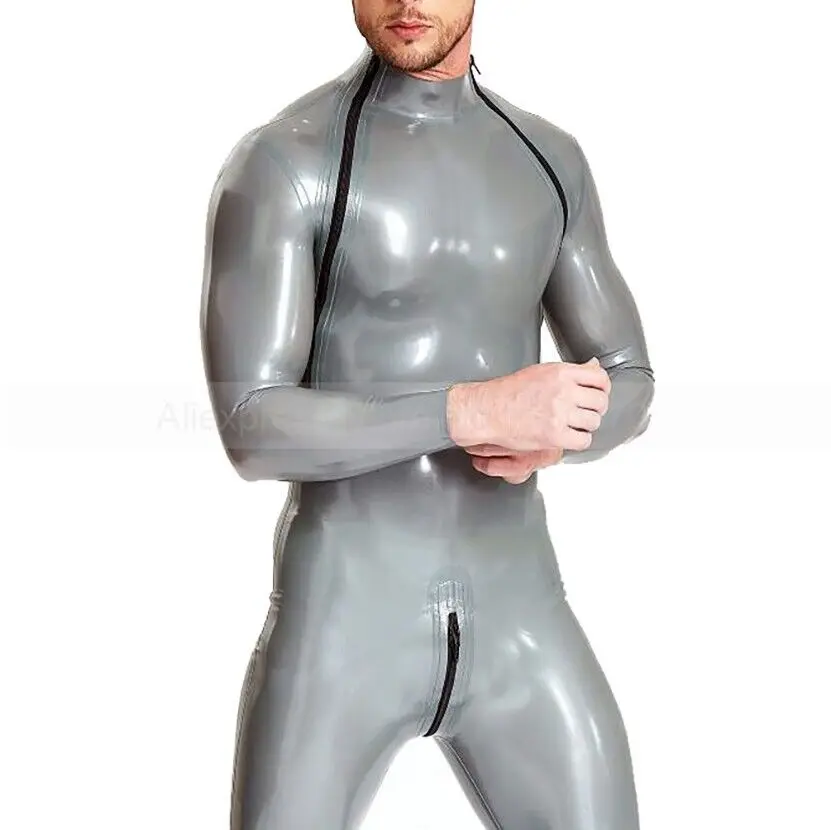 

Latex Rubber Men Catsuit Shoulder And Crotch Zipper Neck Entry Jumpsuit Handmad