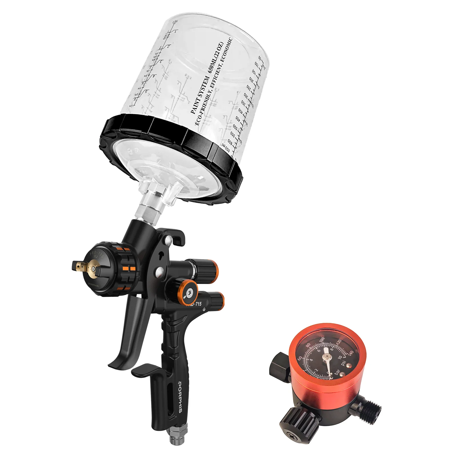 PORPHIS MP Spray Gun PRD-715 with Air Pressure Regulator Gauge Automotive Paint Gun for Basecoat Clear Coat Refinish Car Paintin