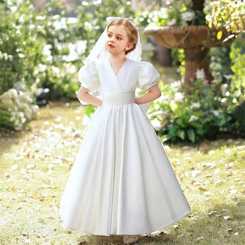 White Flower Girl Dresses For Wedding  Flowers Beaded Satin A-Line Pleated Birthday Pageant First Communion Gowns