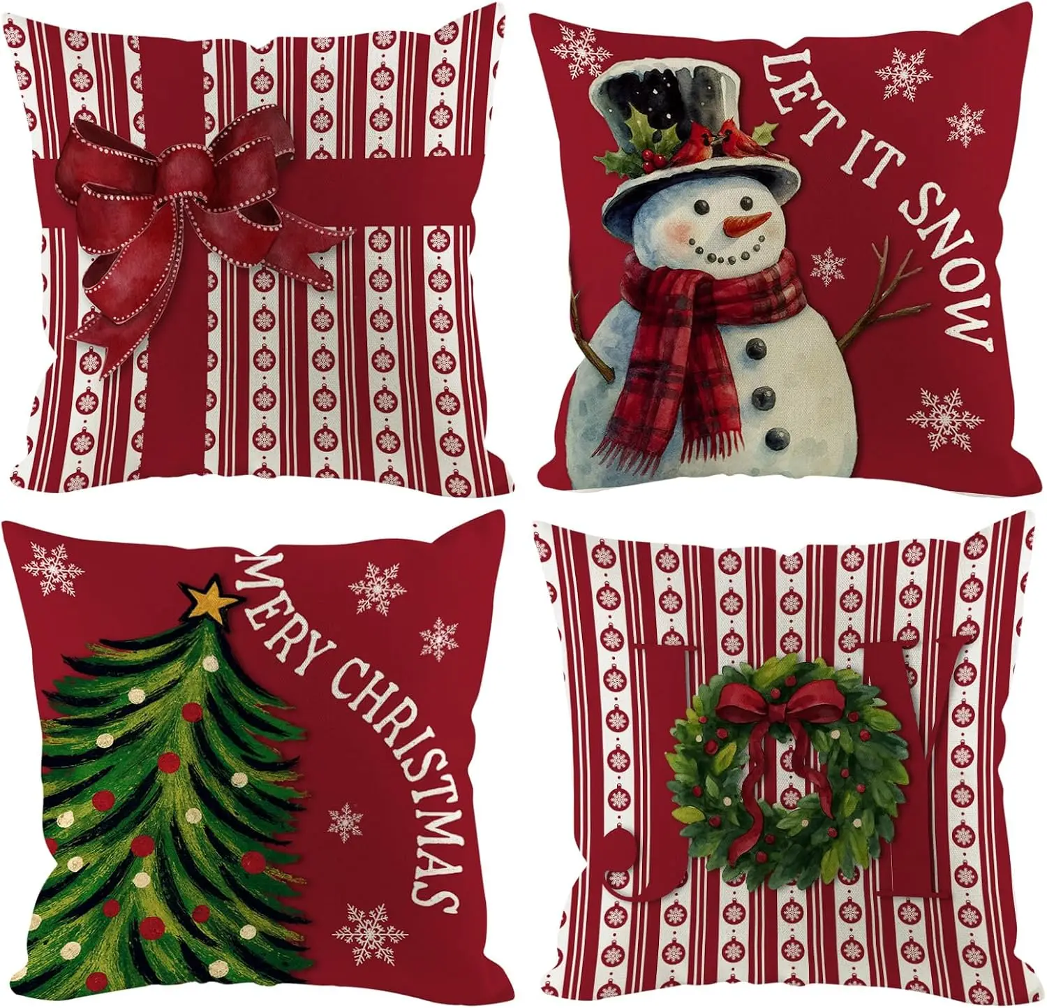 Christmas Set of 4 Double Sided Throw Pillow Covers Snowman Snowflake Tree Cushion Cases Decor for Couch Sofa Home