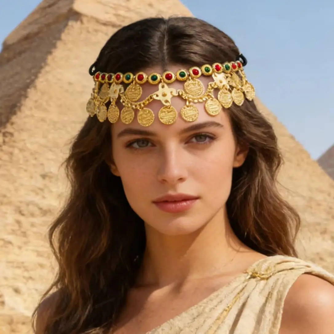 Gorgeous Retro Light Luxury Golden Geometric Rhinestone Inlaid Coin Tassel Women's Forehead Chain Daily Court Style Accessory