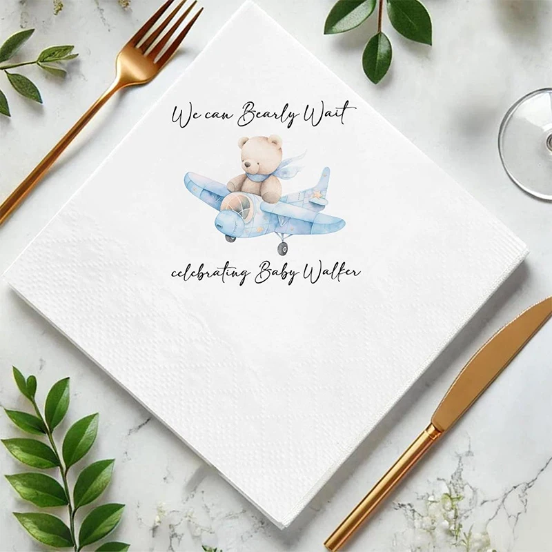 

Custom Teddy Bear Baby Shower Napkins Personalized Baby Shower Cocktail Lunch or Dinner Napkins We Can Wait Party Napkins