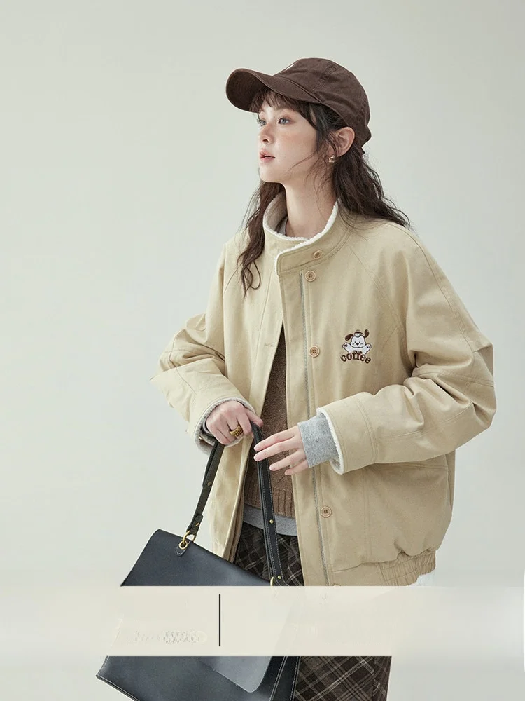 

AMUU Оригинальная милая женская зимняя куртка с вышивкой и воротником-стойкой, свободная хлопковая верхняя одежда для повседневной носки, с длинными рукавами, на молнии