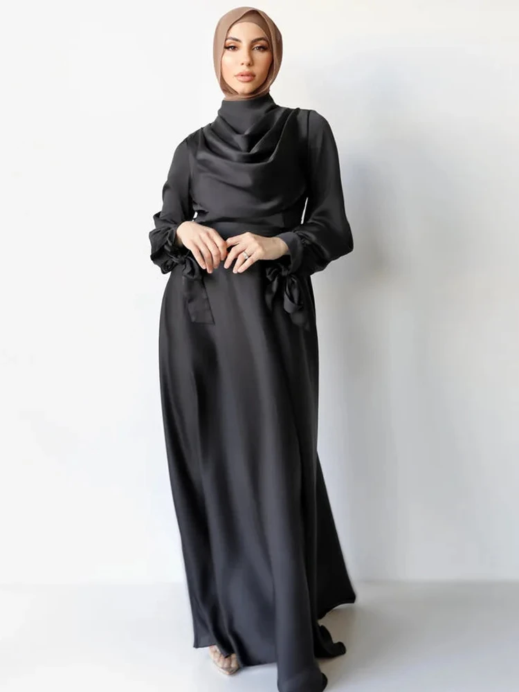 Eid Muslim Abaya Satin Dress for Women Dubai Arab Abayas Party Dress Kaftan Islam Modest Long Robe Graceful Ankle Length Morocco