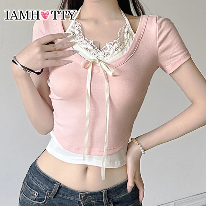 IAMHOTTY Y2K Japanese Style Contrast Lace Patchwork Fake Two-piece Cropped Top Women Coquette Aesthetic Bow Short Sleeve Tops