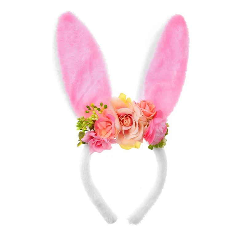 PE Foam Floral Bunny Ear Headband Artificial Blossom Decor Long Flap Rabbit Headwear for Easter Garden Spring Festival PartyProp