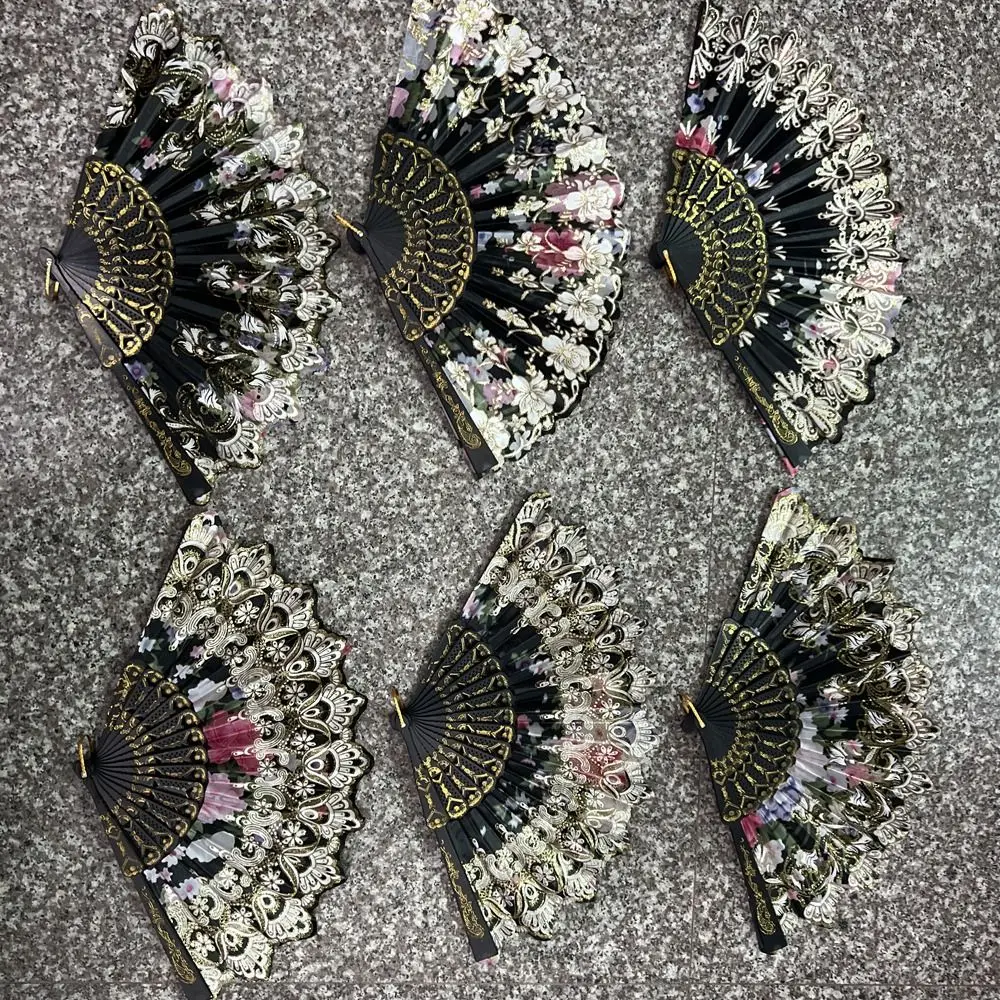 Photo Props Retro Flower Lace Fan Plastic Bronzing Embroidery Fan Handheld Stage Performance Silky Fan Women