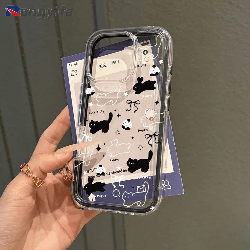 

Cute Cartoon Cat Rabbit Line Phone Case For Xiaomi Poco C75 X7 X6 X5 X4 GT Civi 4 3 Pro 5G 4G Color Border Clear Cover